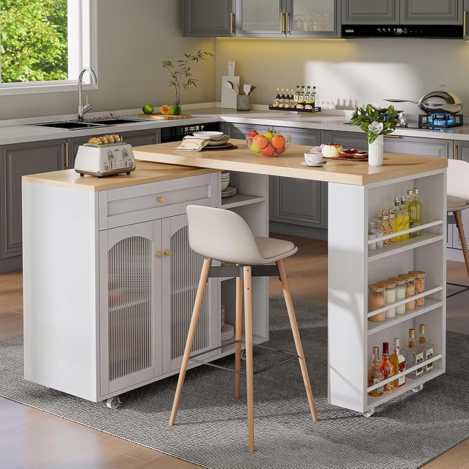 LYNCOHOME Rolling Kitchen Island with 360° Rotating Tabletop, Mobile Lockable Wheels & Adjustable Shelves, Multifunctional Storage Cart for Kitchen & Dining（White）