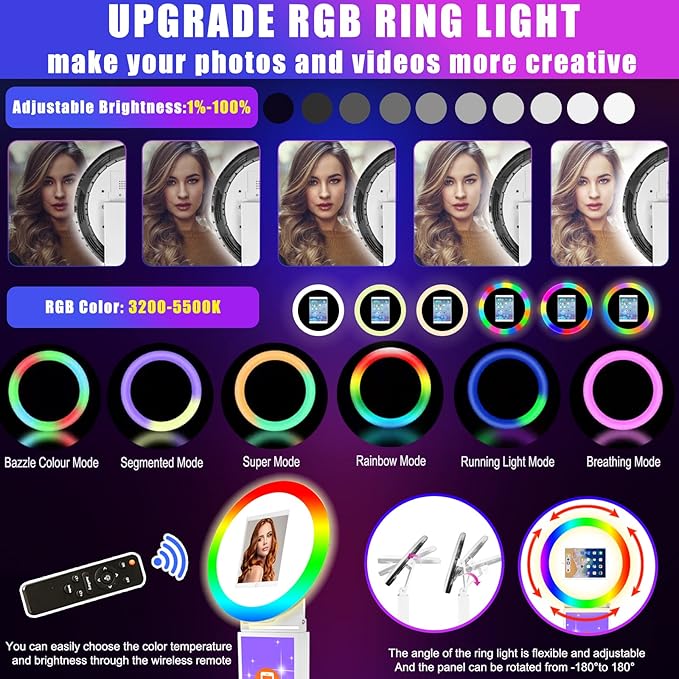 Portable Photo Booth for iPad 10.2in 10.9in 11in 12.9in,Metal Shell Selfie Station photobooth Machine,RGB Ring Light,Free Custom Logo,Remote Control,Flight Case,for Parties,Wedding,Halloween