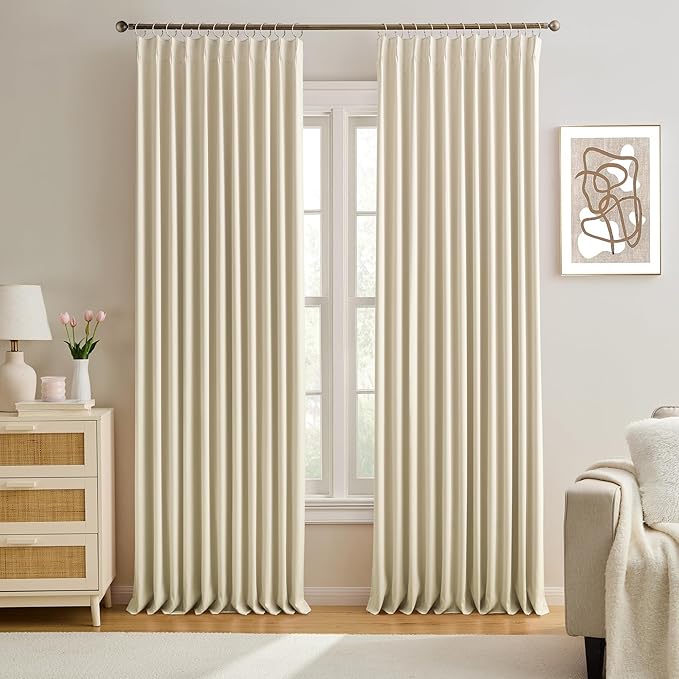 KEQIAOSUOCAI Cream Beige Blackout Pinch Pleated Curtains 95 Inches Long, Privacy Window Drapes for Living Room/Dining Room/Bedroom, 72 Inch Wide x 95 Inch Long, Pinch Pleat with Hooks, 2 Panels