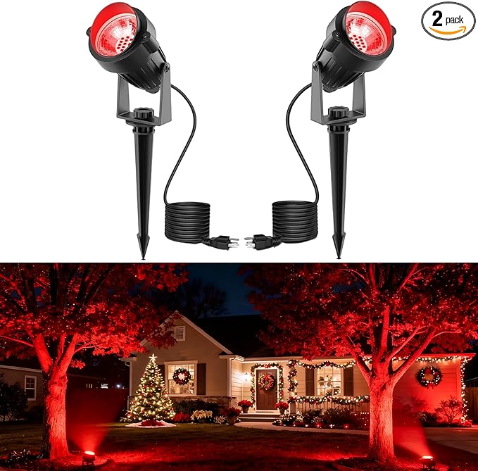 L LOHAS LED Christmas Spotlight Outdoor, Red Spot Lights for Yard, Auto On/Off 5W 120V Landscape Lighting for House, Holiday, Trees, Decoration, 450LM IP66 Waterproof, UL Listed, 2 Pack