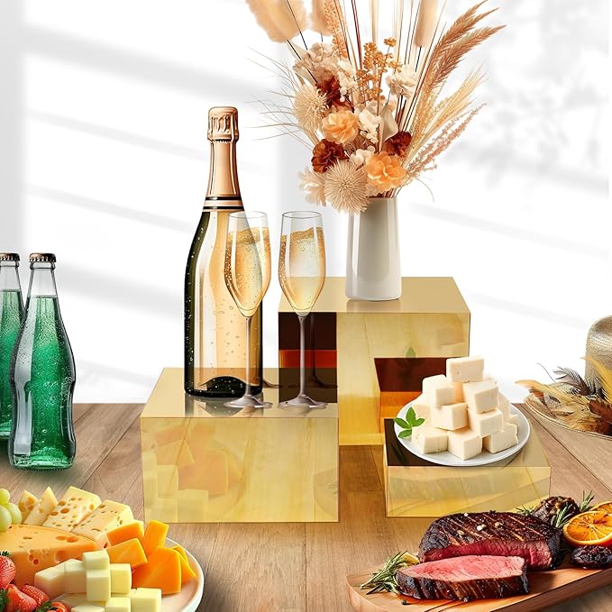 3 Pcs Acrylic Risers for Display, Gold Buffet Risers, Food Display Lifter, Acrylic Box Rack Dessert Collection Jewelry Character Party Rack