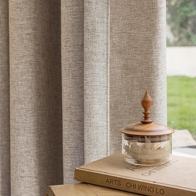 Textured Linen Double Pleats 100% Blackout Curtains for Bedroom/Living Room Blackout Curtains 108 Inches Long, Energy Saving Window Treatment Curtains,52Wx108Lx2,Sand Beige