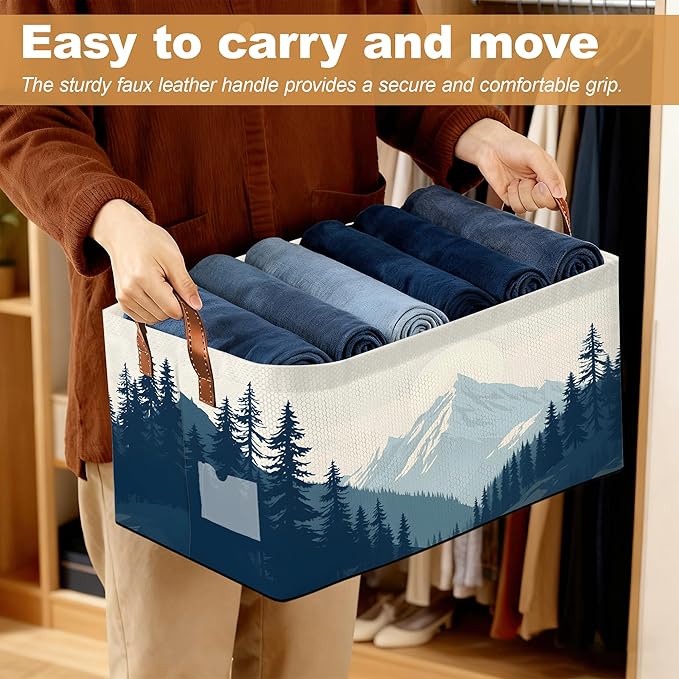 Decorative 32L Blue Misty Forest Storage Bins with Handles, Organization and Storage, Cube Storage Organizer for Hamper, Nursery