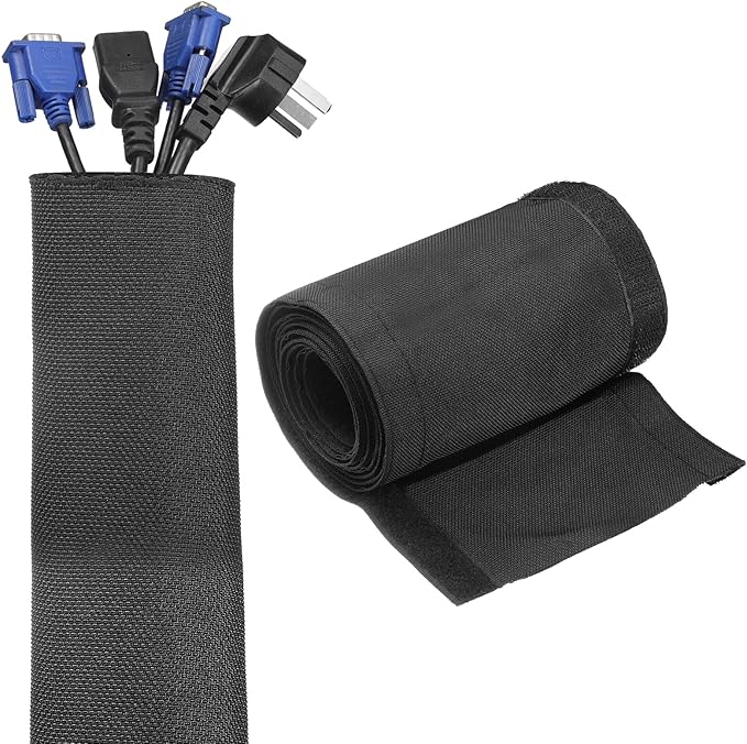 uxcell Hook and Loop Cable Management Sleeve, 3.3ft x 1.8 Inch Flexible Cable Wrap Cover Wire Hider, Cord Organizer and Cable Protector for Desk TV Computers, Black