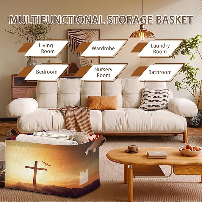 Cross Pattern Collapsible Storage Box - 17x11.5x10.5 Inch Foldable Organizer for Seasonal Decor, Religious Decorations, Under Bed Home Decor, Closet, Church Storage - Single Pack No Lid