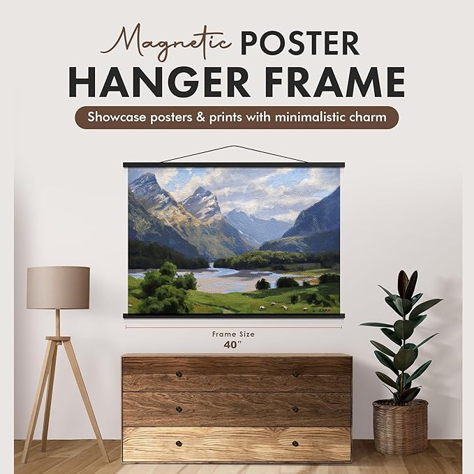 Travelization Magnetic Poster Hanger 40” Poster Frame with Strong Magnets, Complete Hanging Kit for Art, Maps, Pictures and More, Fits 40x27, 40x30, 40x36 and 40x48, Black
