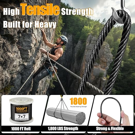 AHEONLAR 1000FT 1/8" T316 Stainless Steel Cable for Railing,7x7 Wire Rope with Cutter,1850 lb Breaking Strength,Deck Stair Fence Hardware Kit for Indoor Outdoor Use,Black