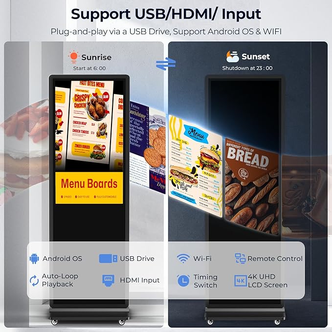 32/43/55/65 Inch Digital Signage Display, LCD Screen Advertising Display Kiosk Interactive Totem Floor Standing Auto AD Player with USB/HDMI/WiFi Android OS (55'' Touch Screen)