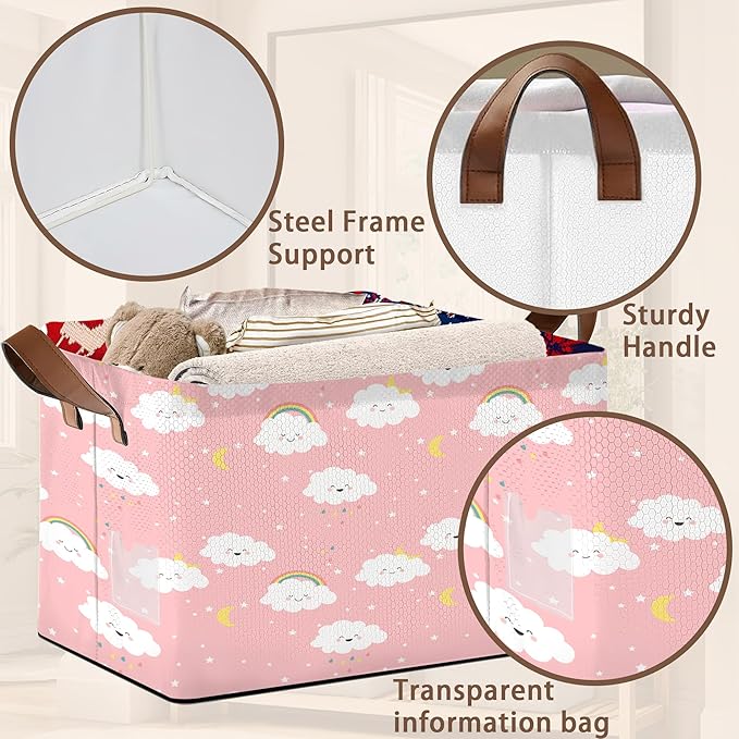 Pink Cloud Storage Basket Large 17x11.5x10.5 Inches - Collapsible Fabric Organizer Bin with Handles for Nursery, Girls Room, Toys - Foldable Decorative Hamper with Soft Fluffy Design - Single Pack