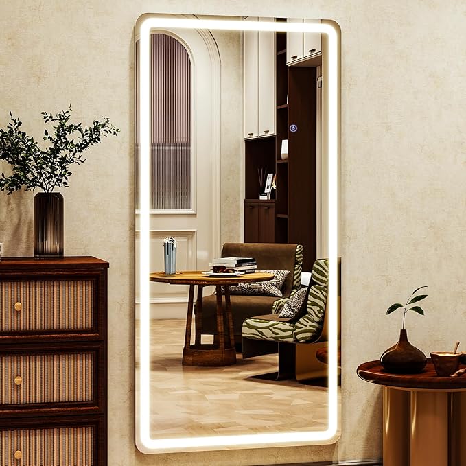 LED Rectangular Corner White Full Length Mirror - 30“ x 71” Brightness Adjustable, Touch Screen Control, Wall Mounted or Freestanding, for Bedroom Living Room Cloakroom Dressing Mirror