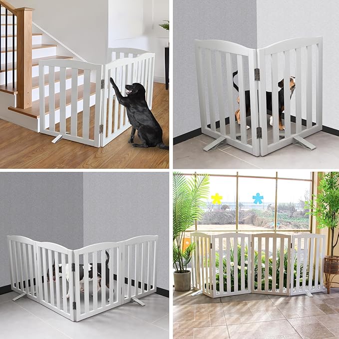 Freestanding Dog Gate Indoor, Doggie Gate Foldable Dog Gates for Doorways,Stairs or Hallways, Wooden White Pet Gate for The House,Pet Fence with Support Feet Included, 32 "Height-2 Panels