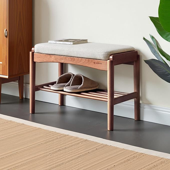 Solid Wood Shoe Bench Assembled, Shoe Rack Bench with Cushion for Entryway, Living Room, Bedroom, Hallway, 11.8" x 23.6" x 16.5", Walnut