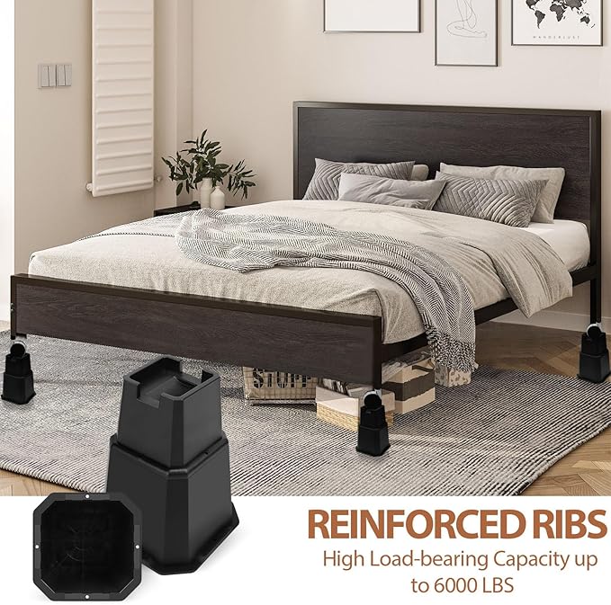 shouwuhho Bed Risers 6 inch, Furniture Risers Elevation in Heights 6 Inch Heavy Duty, Bed Lift Risers for Caster Wheels or Posts of Bed Table Couch, Support up to 6000 lbs, Black, 6 Pack