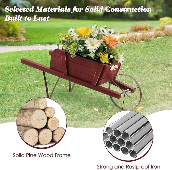 Wooden Wagon Planter, Flower Cart Display Stand w/Metal Wheels & Removable Magnetic Decoration, Wagon Decorative Garden Planter for Plants & Seasonal Displays, Pine Wood (Red)