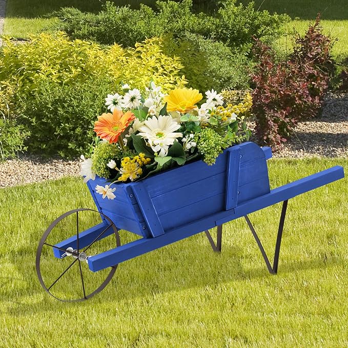 Wooden Wagon Planter, Flower Cart Display Stand w/Metal Wheels & Removable Magnetic Decoration, Wagon Decorative Garden Planter for Plants & Seasonal Displays, Pine Wood (Blue)