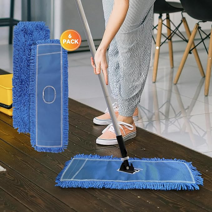 Commercial 24 Inch Dust Mop Head: Replacement Sweeper and Janitorial Industrial Dust Mop Head for Floor Cleaning, Office, School, Restaurant, Hospital (Blue - 6 Pack)