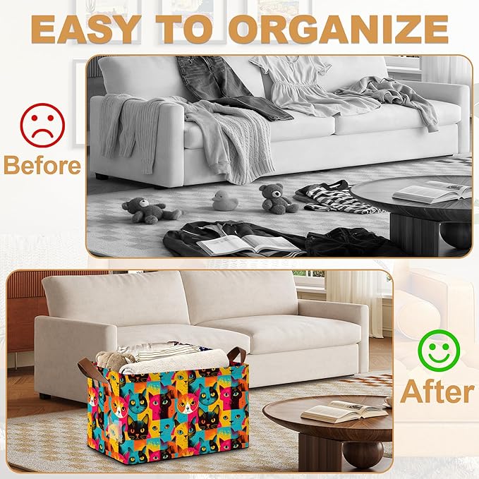 32L Large Storage Bins with Handles, Cute Animal Basket Organizer for Shelves, Closet, Books, Laundry & Home Decor (Abstract Cat)