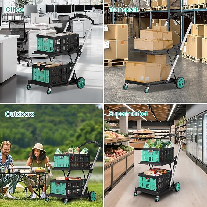 Collapsible Shopping Cart with Wheels, 200 LBS Capacity Grocery Carts with 2 Storage Crate,8-in-1 Grocery Cart on Wheels, Foldable Shopping Carts Platform Hand Truck with Foot Brake, Blue