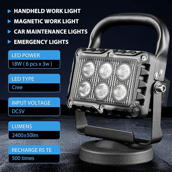 SMA 18W LED Work Light 2400 Lumens Aluminum Alloy High Brightness Strong Magnetic Base Wireless Portable Waterproof Dustproof Garage Workshop Car Repair Construction Site-Red Light (White)