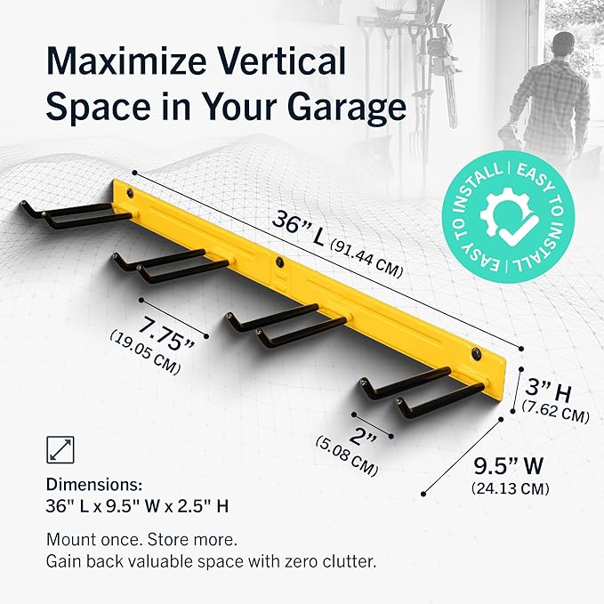 StoreYourBoard Wall-Mounted Rack With 4 Garage Hooks – Heavy-Duty Steel Holder Garage & Garden Storage for Shed, Workshop, or Home Organization – For Rakes, Shovels, Tools & More – 1 Pack, Tractor
