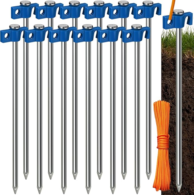 Tradesparker Tent Stakes 12-Pack 8Inch Heavy Duty Garden Stakes Canopy Anchors Double-Sided Hook Design - Includes Ropes for Camping Tents, Pop Up Canopies and Outdoor Events, Blue