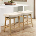 Counter Height Bar Stools Set of 2 for Kitchen Counter, Backless Farmhouse Kitchen Island Barstools with Upholstered Fabric Saddle Seat and Solid Wood Legs Modern 24 inch Bar Chairs, Khaki