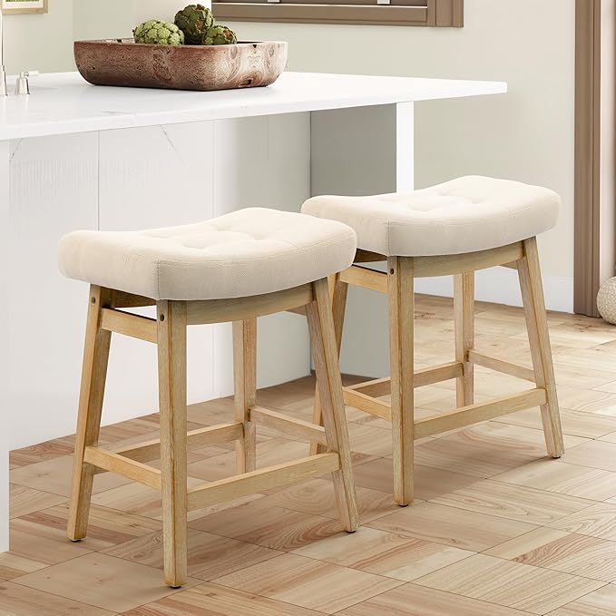 Counter Height Bar Stools Set of 2 for Kitchen Counter, Backless Farmhouse Kitchen Island Barstools with Upholstered Fabric Saddle Seat and Solid Wood Legs Modern 24 inch Bar Chairs, Khaki