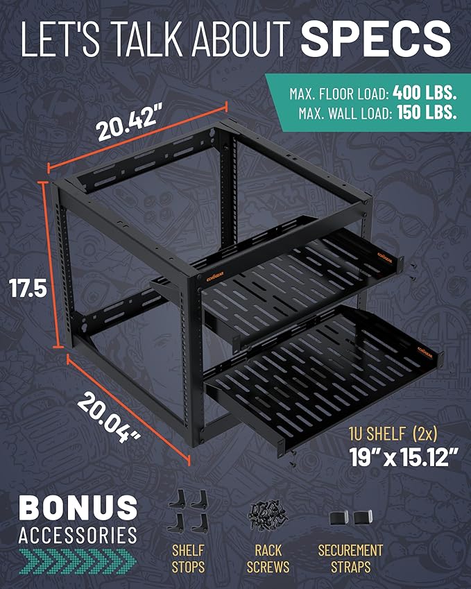 ECHOGEAR 10U Network Rack - Wall Mountable Heavy Duty 4 Post Design Holds All Your Networking & AV Gear - Open Frame Design Includes 2 1U Vented Shelves & Mounting Hardware