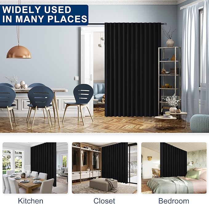 Hiasan Privacy Room Divider Patio Sliding Door Curtain Extra Wide Blackout Thermal Insulated Curtains with Back Tab & Rod Pocket for Bedroom Partition Living Room (120 x 84 Inches, Black)