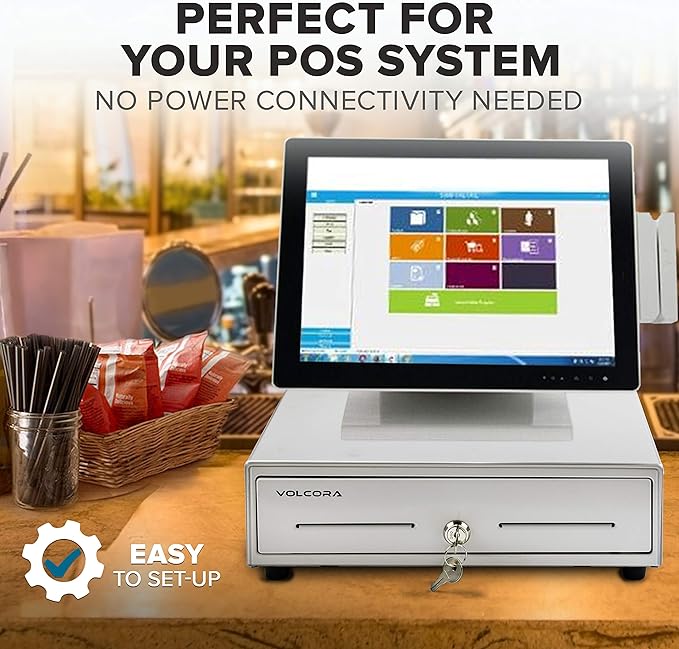 Volcora 16" Push Open Cash Register Drawer for Point of Sale (POS) System, Partial Removable White Heavy Duty Till with 5 Bills/8 Coin Slots, Key Lock and Double Media Slots