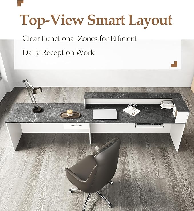 Modern L-Shaped Reception Desk with Counter – 71" Front Desk Reception Room Table with Lockable Drawer & Keyboard Tray for Office, Salon, Lobby, Checkout (White + Black, Right)