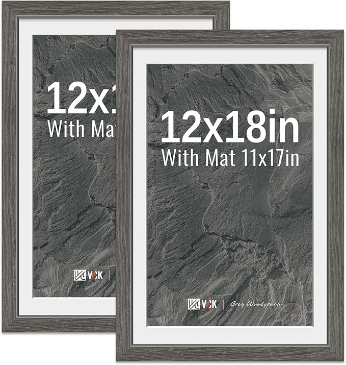 VCK 12x18 Picture Frame 2 Pack - Grey, High-End Wood Poster Frames with Tempered Glass, Display 11x17 Photo with Mat or 12x18 without Mat, Art Gallery-Quality, Wall Hanging, Grey