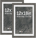 VCK 12x18 Picture Frame 2 Pack - Grey, High-End Wood Poster Frames with Tempered Glass, Display 11x17 Photo with Mat or 12x18 without Mat, Art Gallery-Quality, Wall Hanging, Grey