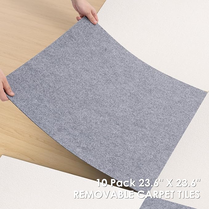 Carpet Tile 10 Pack 24” X 24” Self Adhesive Carpet Floor Tiles Anti-Slip Squares Peel and Stick Floor Tile DIY Installation for Bedroom (Light Grey)