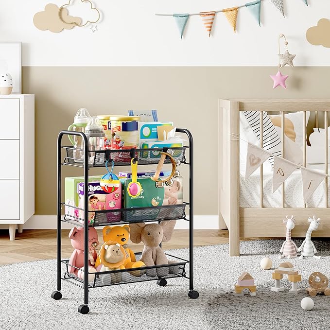 Metal Rolling Utility Cart, 3-Tier Mesh Wire Storage Trolley with Easy Assembly, Organizer Craft Cart 3 Hooks, Mobile Shelving Unit for Kitchen, Bathroom, Laundry Room, and Home