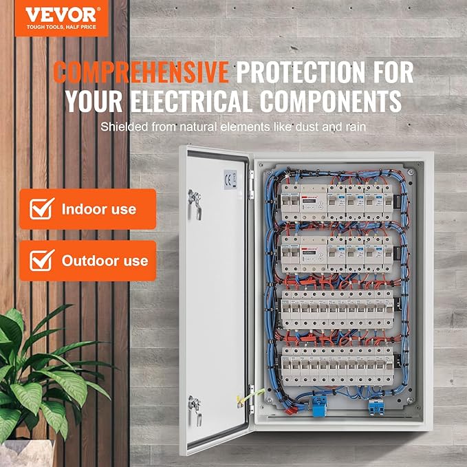 VEVOR Steel Electrical Enclosure Box, 24'' x 16'' x 12'', IP65 Weatherproof Carbon Steel Hinged Junction Box with Mounting Plate