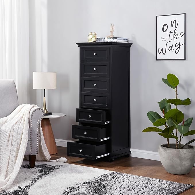 Tall Black Dresser for Bedroom with 7 Drawers, 52" Tall Modern Style Wooden Lingerie Chest with Crown Molding and Solid Wood Ball Legs, Anti-0xidation Zinc Alloy Knob(Black)