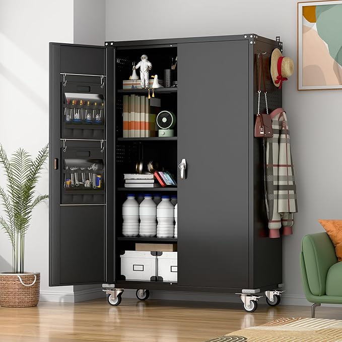 43.3''W x 22''D x 72''H Wide and Deep Garage Storage Cabinet with Wheels & Pegboard & 9 Hooks, Lockable Metal Storage Cabinet with 2 Doors and 4 Adjustable Shelves for Garage, Home, Black
