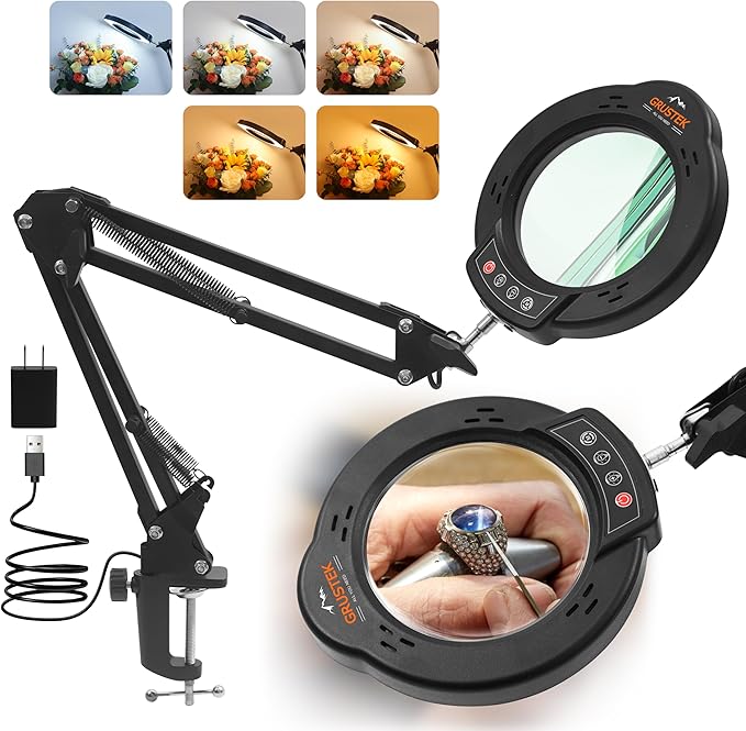 10X Magnifying Glass with Light and Clamp, 5 Color Stepless Dimmable Modes 84 LEDs Magnifier with Light Hands Free for Reading Sewing Crafts Repair and Close Work (10X Clamp)