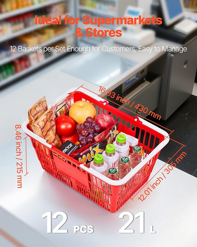 VEVOR Shopping Baskets, 12 PCS, 21L Stackable PE Plastic Grocery Baskets with Handles, Dense Mesh Structure, Holds up to 20 lbs, Portable for Grocery, Retail, Stores, Supermarket, Home Use, Red