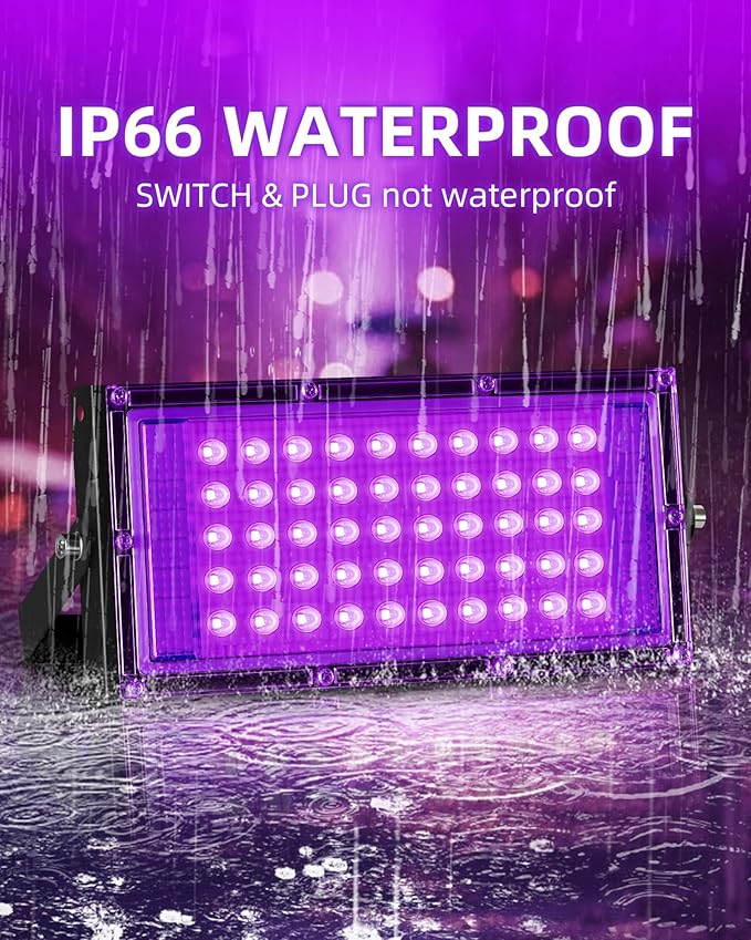 50W LED Black Lights IP66 Waterproof Black Light Outdoor with 5.9ft Plug+Switch, Flood Blacklight for Halloween Glow in The Dark Party Stage Light Neon Glow Birthday 4 Pack