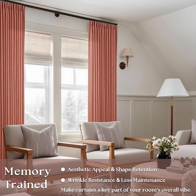 Extra Long Terracotta Linen Curtains 120 Inches Long Red Clay Farmhouse Rustic Curtain Light Filtering Semi Sheer Back Tab Pinch Pleat Curtain for Tall Ceiling Living Room 2 Panels Autumn Fall Decor