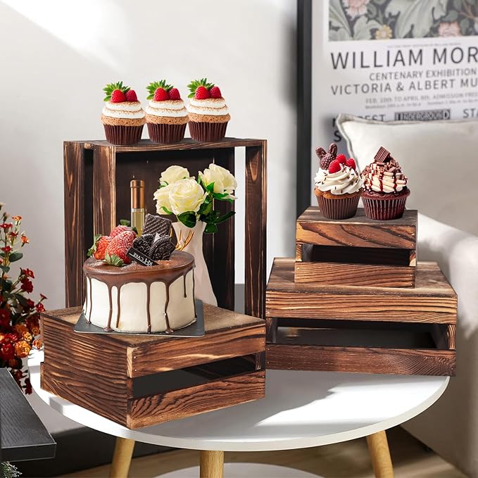4 Pcs Buffet Risers with Mini Signs, Rustic Wood Cake Stands, Food Risers for Buffet Table, Dessert Display Stand, Wood Crates, Rustic Cake Stand for Party, Wedding, Birthday, Baby Shower, 4 Sizes