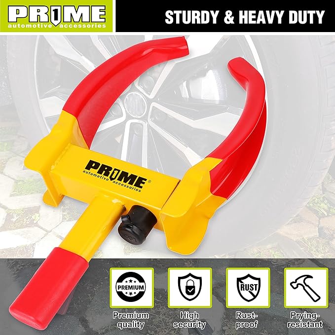 PR1ME Trailer Wheel Lock Clamp, Universal Wheel Clamp Lock, Adjustable Heavy-Duty Security Tires Anti-Theft Lock, for Trailers SUV Boats ATVs Motorcycles Golf Cart with 2 Keys (Yellow-red)