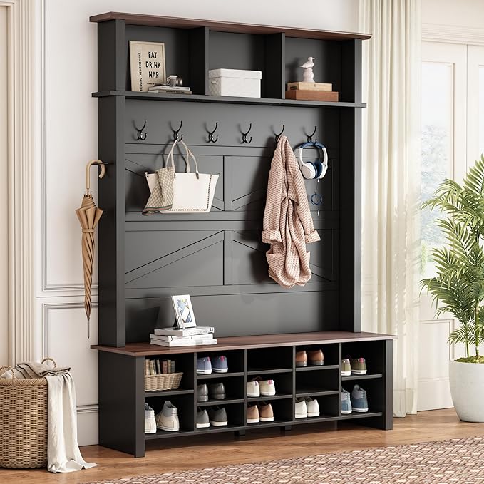 Merax Wood Rustic Hall Tree Entryway Bench with 6 Hooks and Adjustable Shelves, Farmhouse Mudroom Versatile Coat Racks with 16 Open Compartments, Entrance Organizer for Hallway Black