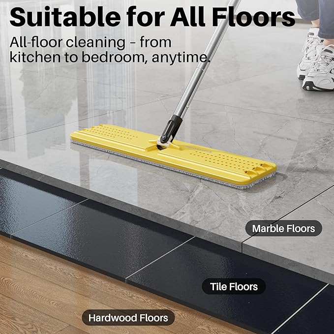 JOYMOOP Industrial Mop and Bucket Set, 17.7-inch Dust Mops for Floor Cleaning, Flat Mop Bucket with Wringer, Include 5 Reusable Microfiber Mop Pads - Yellow