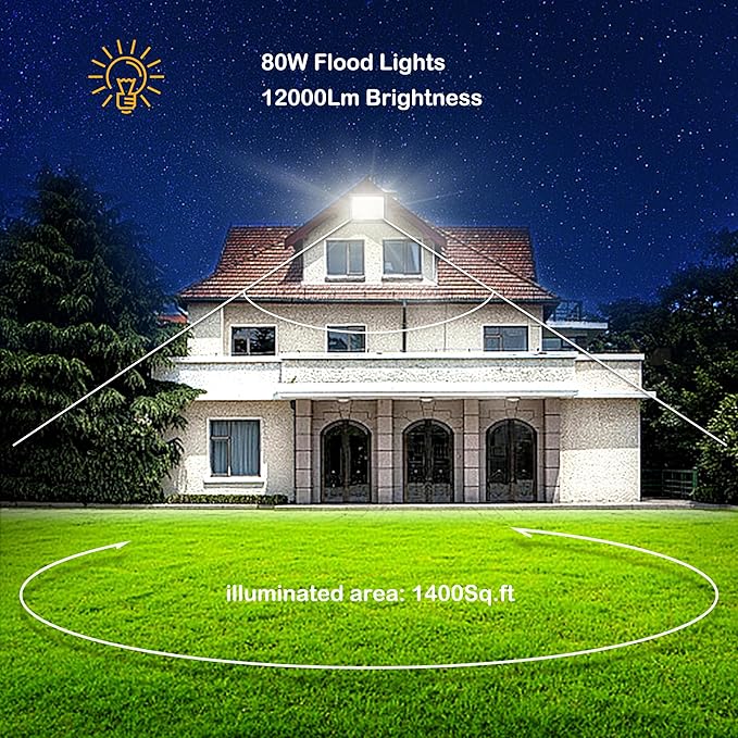 80W Outdoor Flood Lights with Plug, 12000lm Bright Work Light with 5ft Cord, 6000K Daylight White Exterior LED Floodlight, IP66 Waterproof Security Light Yard Lights for Garage Stadium 4 Pack