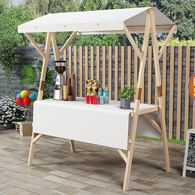 Outdoor Vendor Cart, Wooden Lightweight Farmers Market Stalls/Concession Stand Booths, Foldable Vendor's Stall, Portable Food Display Stand for Market(White,150 * 60 * 200cm)