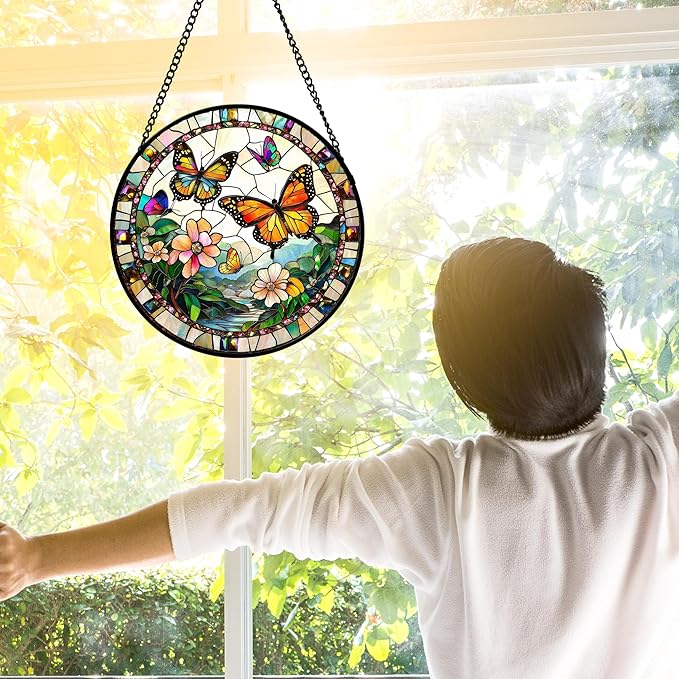 Stained Glass Window Hanging, Butterflies Flying in The Sky Suncatcher for Doors Home Sun Catchers Decoration and Christmas, Mother's Day Birthday Gifts for Women, Men, and Mom 6.3 in