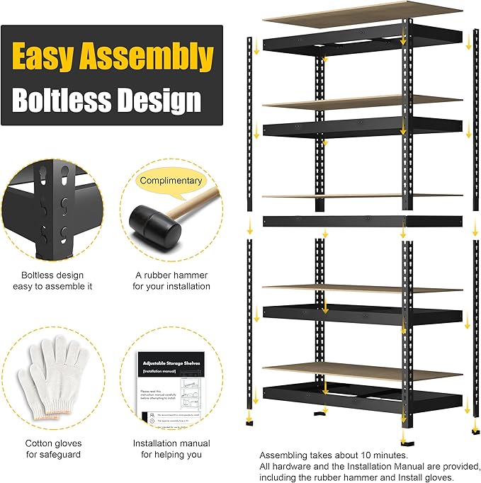 PrimeZone 47" W x 23.6" D x 71" H Large Heavy Duty Storage Shelves - 4 Pack 5 Tier Adjustable Garage Storage Shelving, Metal Storage Utility Rack Shelf Unit for Warehouse Pantry Closet Kitchen, Black